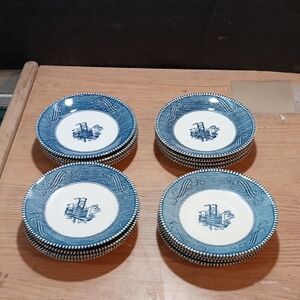 16  Blue and White Porcelain Saucers CURRIER & IVES 6" Steamboat Vintage